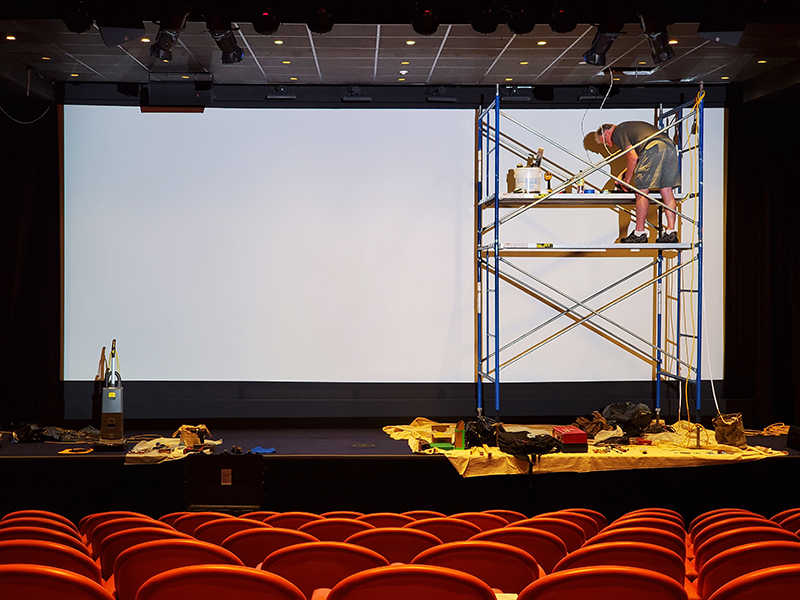 Speakers being installed at the Crosby Street Hotel Screening Room in Manhattan, NY.