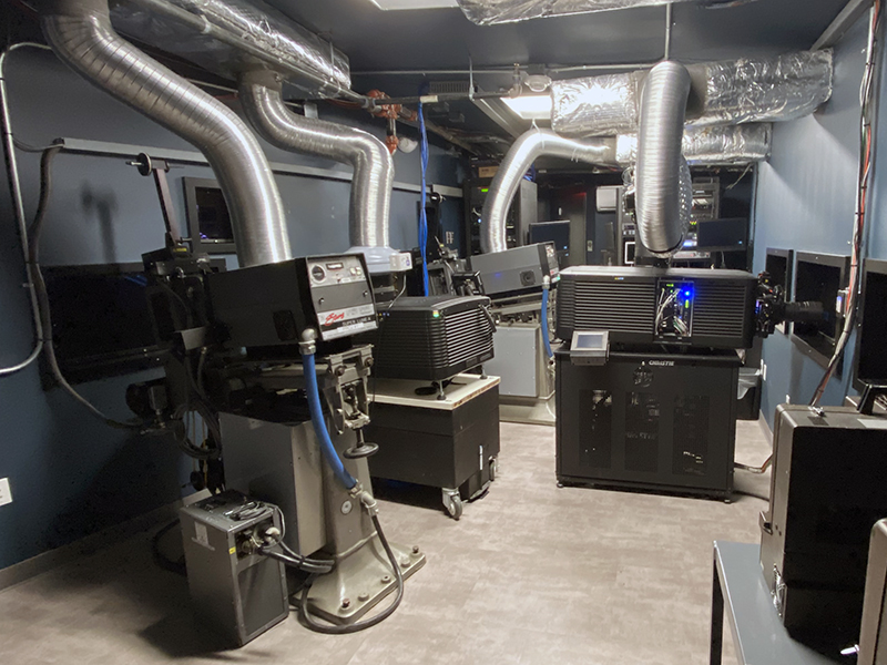 Digital Cinema and 35mm projectors in the projection booth at Sag Habor Cinema in Sag Harbor, NY.