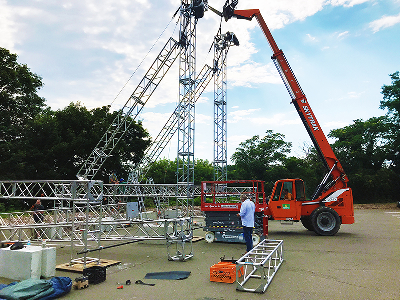 Screen construction for the Remarkable Theater pop-up drive-in theater in Westport, CT.