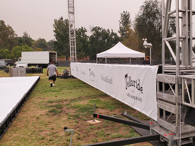 Screen and stage construction for the US premiere of "Nomadland" at the Rose Bowl in Los Angeles, CA.