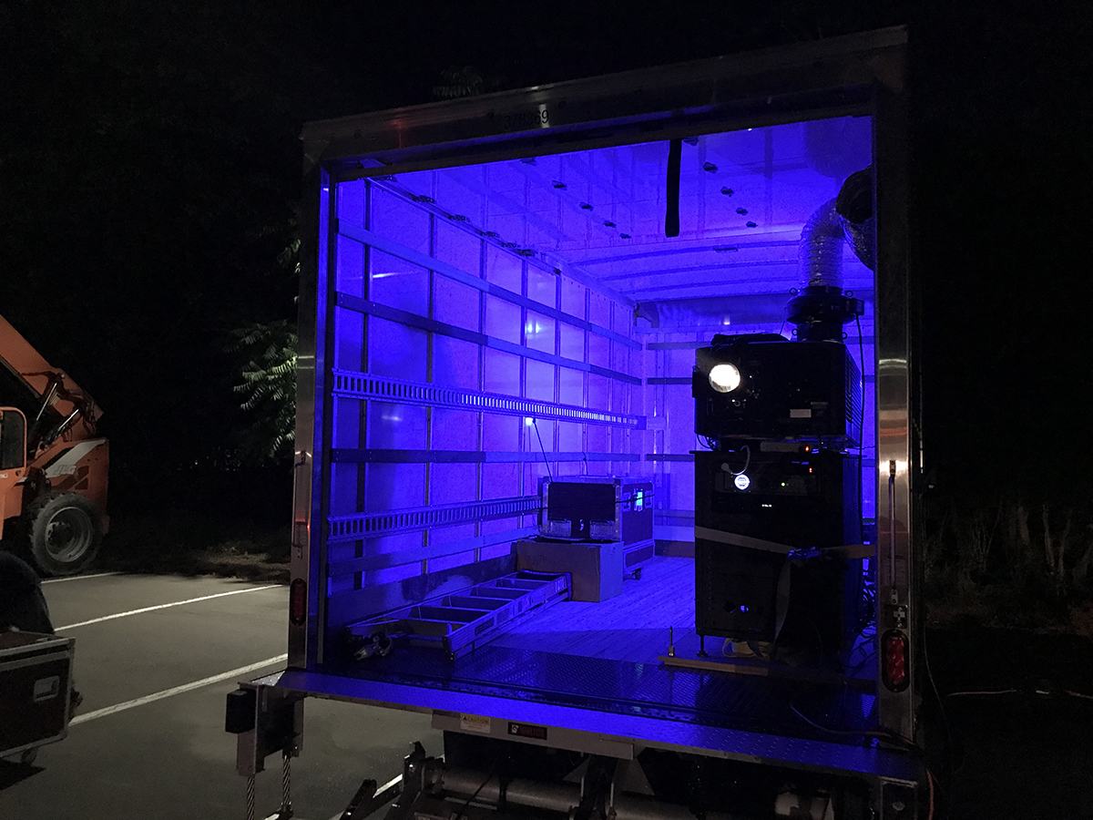DCI-compliant projection equipment set up at the Remarkable Theater pop-up drive-in theater in Westport, CT.