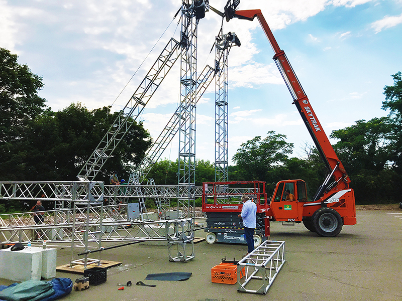 Screen construction for the Remarkable Theater pop-up outdoor theater in Westport, CT.