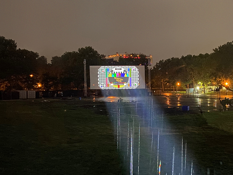 A/V equipment test for the Rooftop Films pop-up outdoor theater in Queens, NY.