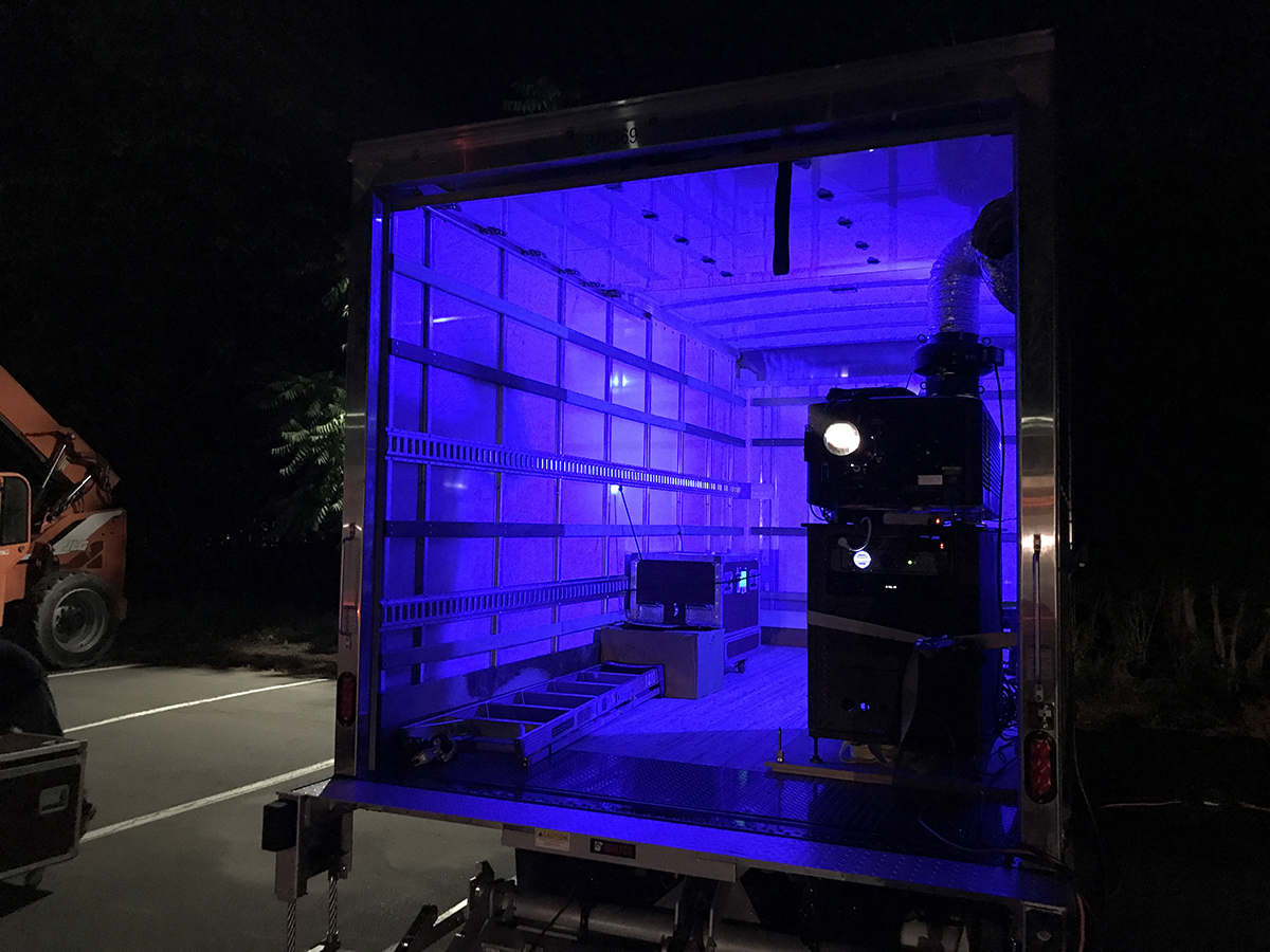 DCI-compliant projection equipment set up at the Remarkable Theater pop-up outdoor theater in Westport, CT.